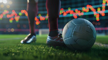 Close Up Foot Of A Soccer Player Kicking A Ball With Stock Chart Background, Investing Or Trading In Stock Or Currency Market Like Playing Sports