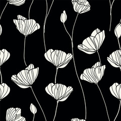 Wall Mural - Vector seamless pattern. Floral stylish background. Thin silhouette of poppies