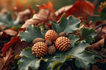 Sticker - Autumnal Acorn fall background. Food nature. Generate Ai