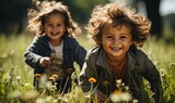 Fototapeta Uliczki - Two Young Children Playing in Grass