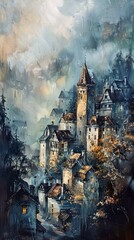 Sticker - dusty oil painting castle medieval village