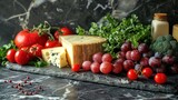 Fototapeta Natura - Cheese background. Beautiful assortment of cheeses and vegetables in vintage style on a marble background for design.