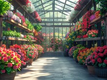 A Greenhouse Filled With Vibrant, Colorful Flowers In Full Bloom, Showcasing A Diverse Array Of Gardening Wonders.
