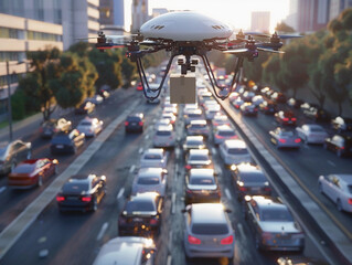 Wall Mural - Autonomous drone hovers in the sky, delivering a package swiftly above a congested city street filled with cars stuck in a traffic jam, showcasing the efficiency of modern aerial delivery services 