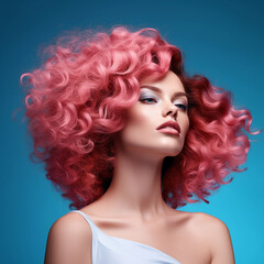 Wall Mural - Beautiful beauty or fashion portrait of a woman with makeup with pink curly hair on a beautiful blue background 