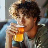 Fototapeta Mapy - Reflective young man engaging in low-alcohol lifestyle, enjoying a beer at home in a relaxed atmosphere
