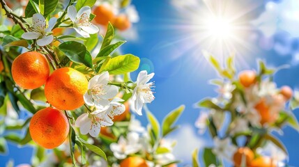  Fresh orange tree fruits and blossoms with blue sunny sky background.