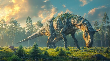 Wall Mural - Dinosaurs in the Triassic period age in the green grass land and blue sky background, Habitat of dinosaur, history of world concept