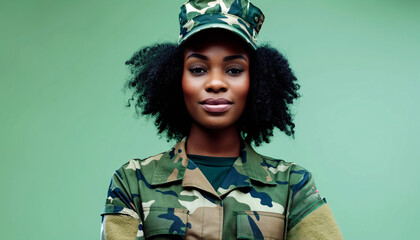 Wall Mural - Confident black woman wearing camo military uniform posing next to pastel green background. Women in the military.