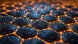 © Rattanathip - Close-up view of a carbon nanostructure with a hexagonal pattern highlighted by an orange neon glow.