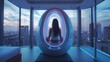 A high-tech meditation pod in a futuristic apartment, using augmented reality for immersive relaxation experiences