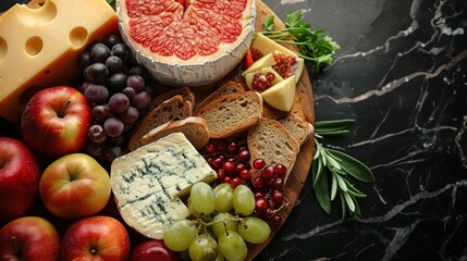  Cheese background. Beautiful assortment of cheeses and vegetables in vintage style on a marble background for design.