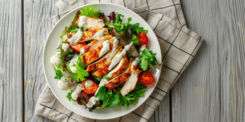 Wall Mural - Grilled Chicken Salad with Ranch Dressing on a Wooden Table