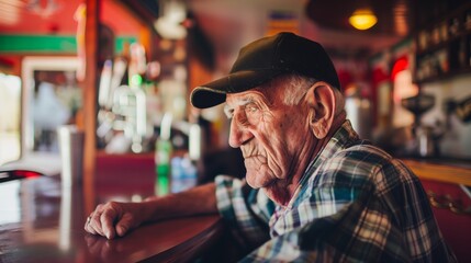 An elderly man, dressed in casual 50s style attire, is sitting at a table inside a vintage roadside motel bar