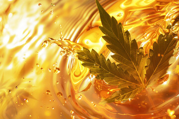 Medical cannabis liquid oil splash with hemp leaf