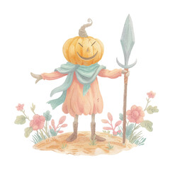 Wall Mural - cute pumpkin head scarecrow holding dagger watercolour vector illustration