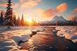 Snowy mountain peaks with bright sun rays