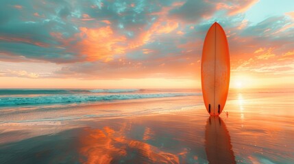 Wall Mural - A surfboard is standing on the beach at sunset.