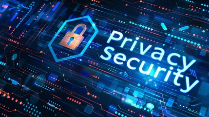 Wall Mural - a high-tech banner design with the text Privacy security with a digital padlock, representing the strong integration of encryption in advanced privacy security measures. 
