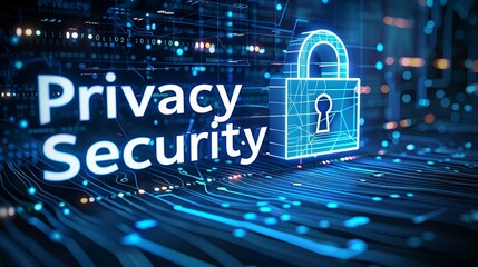 Wall Mural - a high-tech banner design with the text Privacy security with a digital padlock, representing the strong integration of encryption in advanced privacy security measures. 
