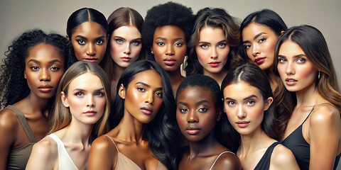 A diverse group of beautiful women with natural beauty and glowing smooth skin. Portrait of many attractive female fashion models with great skincare of all races, tones, and style, Generative AI