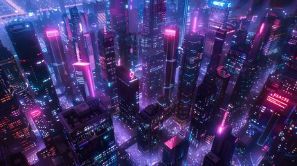 Wall Mural - Futuristic cityscape at night, illuminated by neon lights. aerial view of a modern, cyberpunk style metropolis. concept art for urban design. AI