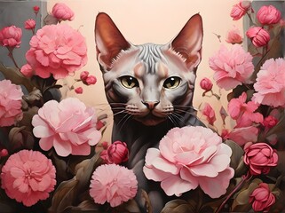 Painting of a hairless cat surrounded by pink flowers. Illustration. Generative AI