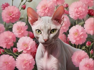  Painting of a hairless cat surrounded by pink flowers. Illustration. Generative AI