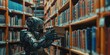 A robot is engrossed in reading a book amidst the shelves of a library.