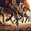 close up photo of the legs of horses at the races. ai generative