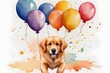 Happy birthday card, watercolor golden retriever with balloons