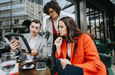 Poster - Three businesspeople engage in a discussion over a tablet at an outdoor cafe, with coffee and work essentials on the table.