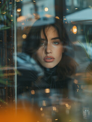 Wall Mural - A woman with a red face and a black shirt is looking out of a window