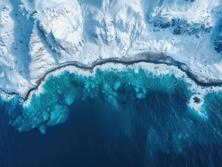 Wall Mural - Aerial view of a Frozen expanse, crystalline waters, surrounding snow-capped mountains.