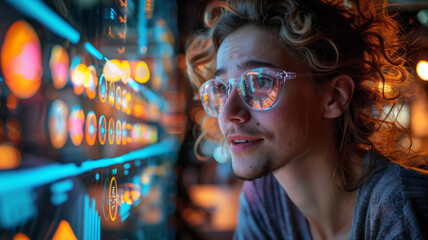 Wall Mural - A man with glasses is looking at a computer monitor with a lot of numbers