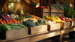 Colourful vegetable and fruit market. Vegetables and fruits at the local market in wooden boxes