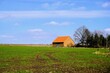 Grünes Landschaft Panorama mit Ackerfeld, Bauernscheune, Baum vor blauem Himmel weißem Wolken bei Sonne am Mittag im Frühling