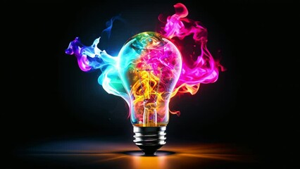 Wall Mural - lightbulb idea concept with colorful liquid of splashing unique creative idea on black background