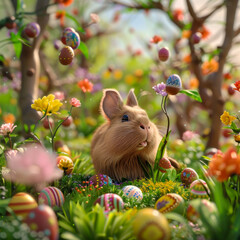 A rabbit is sitting in a field of Easter eggs