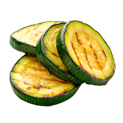 Wall Mural - Grilled zucchini slice isolated on a white or transparent background. Grilled vegetables close-up. Eggplant slice with grill grid marks. Food photography design element.