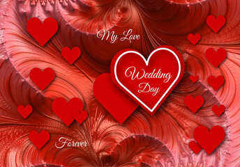 Wedding announcement in red color with hearts and abstract background
