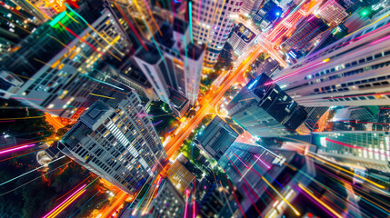 Wall Mural - Abstract background Arial view of the city and there are laser beam of streaking up into the sky