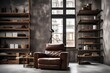 Brown leather recliner chair and corner section near window against concrete wall and shelving unit. Loft, minimalist home interior design of modern living...