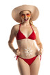 Beautiful smiling blond woman in red bikini with cosmetic product in sun shape on her belly on white background.