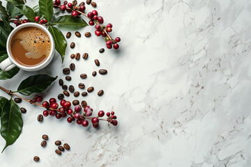 Minimalist cup of coffee and cofe branch with beans isolated on a white marble background with copyspace for text, plain background with much  space for copy text, minimalistic flat lay