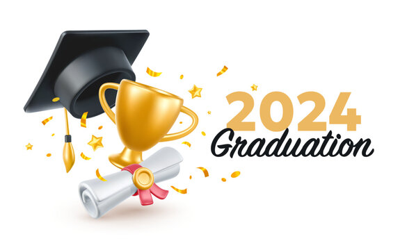 Vector illustration of graduate cap and diploma on white background. 3d style design of congratulation graduates 2024 class with graduation hat and winner cup. Congratulations word