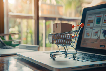 A laptop computer is open to a website with a shopping cart on it