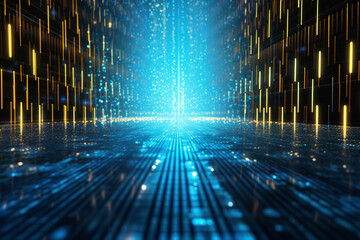 Neon blue light and glowing orange lines in futuristic perspective landscape symbolise data and information, technology abstract background