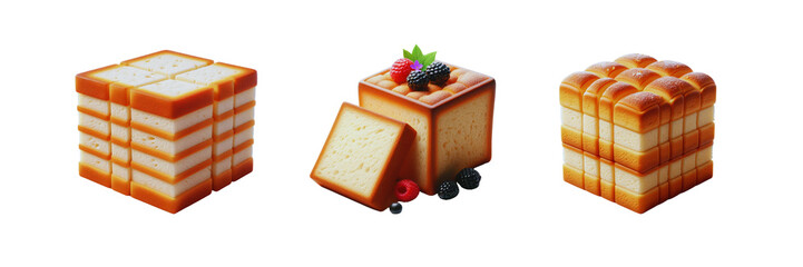 Wall Mural - Set of Tasty Square Fresh bread Slices cake, illustration, isolated over on transparent white background