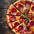 Sliced pepperoni pizza with rosemary and tomatoes. On rustic background